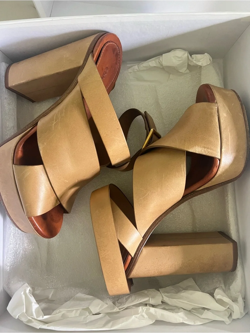 Authentic Chloe Tan Crossover Ankle Strap Platform Heels - Women’s 38.5